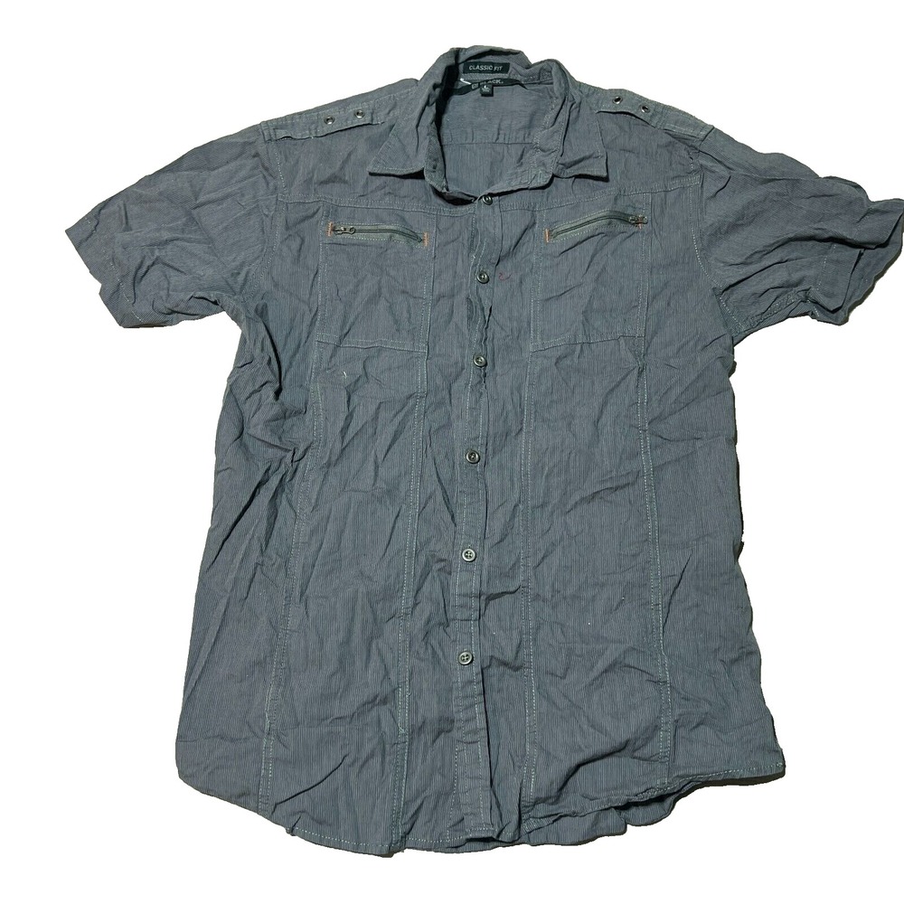 Buckle Shirt Mens Large Gray Short Sleeve Button Up Zipper Pockets Light Weight‎